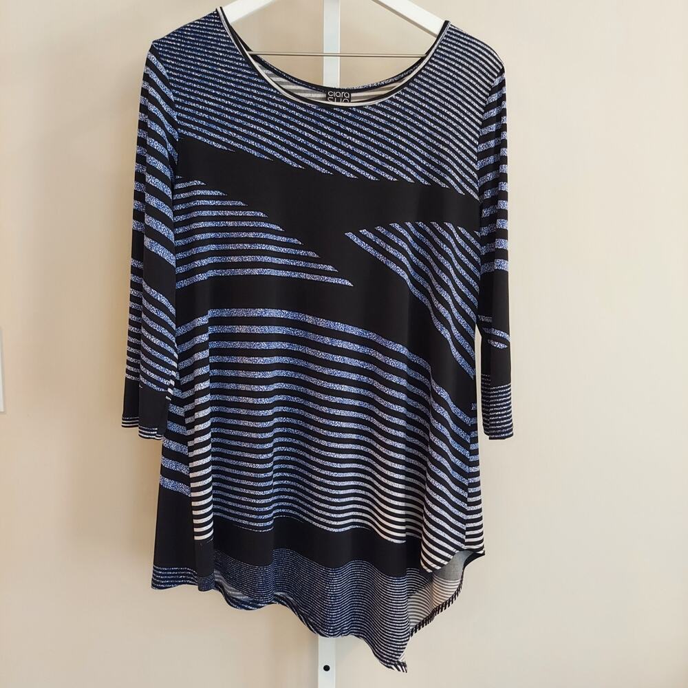 Clara Sunwoo Womens Blue Black Stripe Leopard Asymmetric Sharkbite Tunic Top M